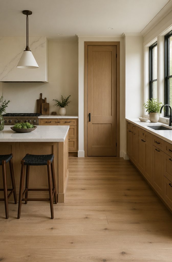 A pantry door that matches the surrounding kitchen cabinetry.