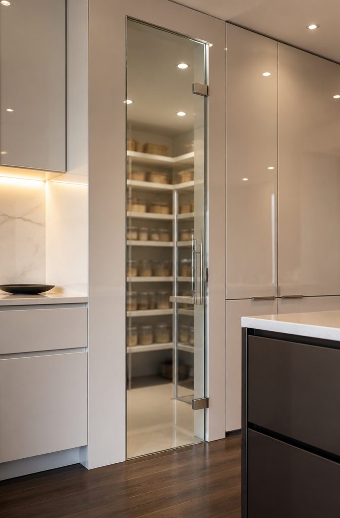 Frameless glass pantry doors integrated into contemporary cabinetry.