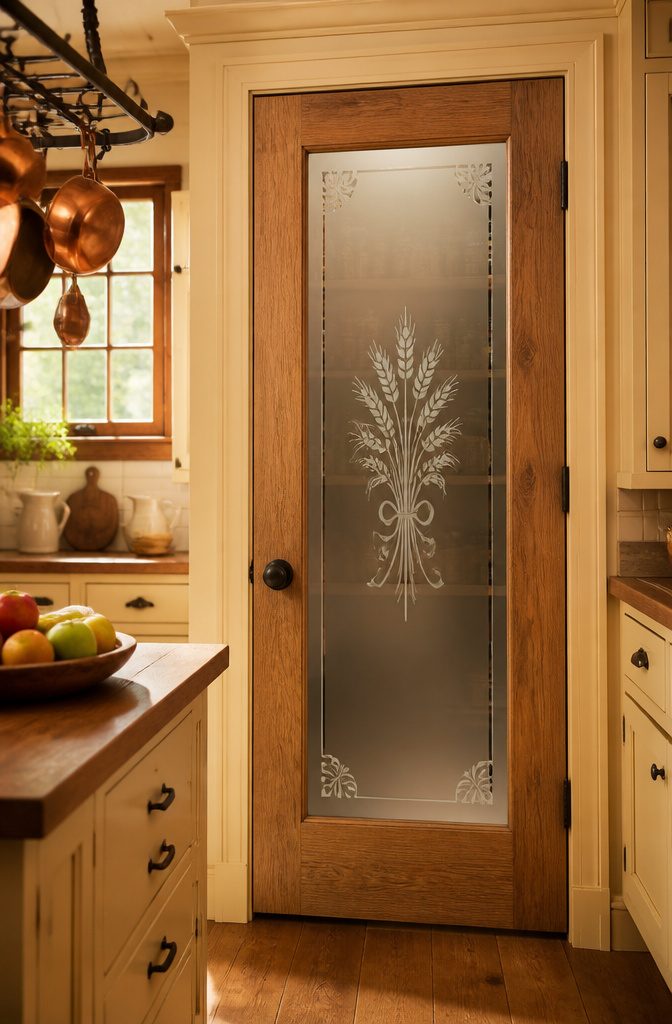 A pantry door featuring custom etched glass design.