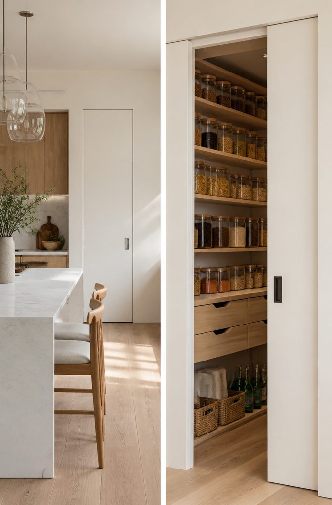 Pocket pantry doors hidden within the wall of a kitchen.