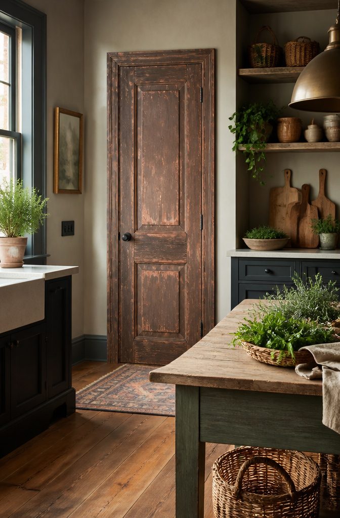 A distressed pantry door made from reclaimed wood.