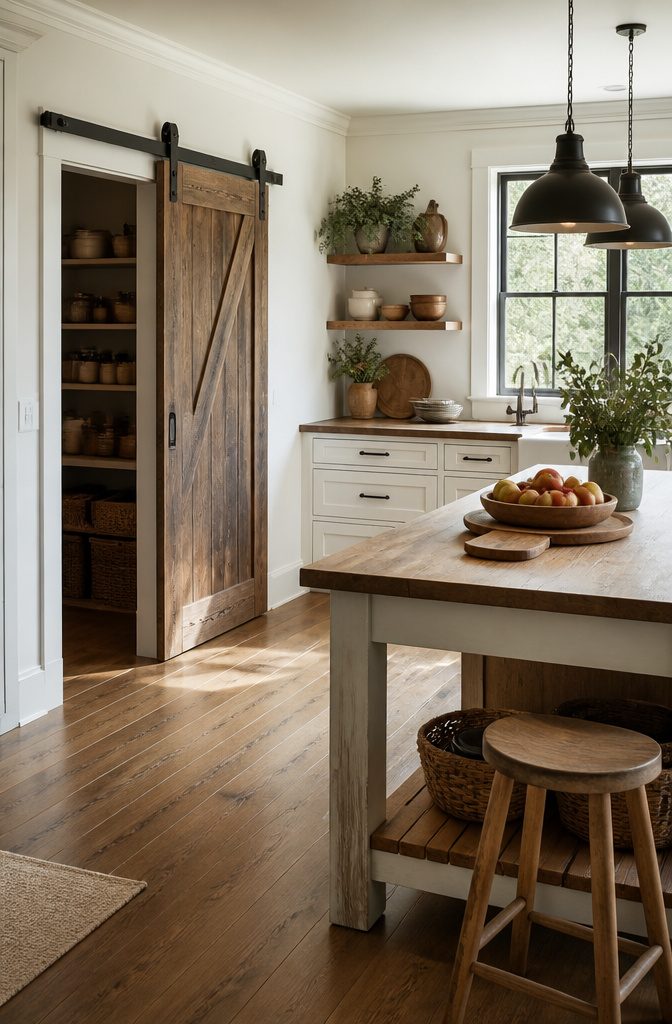 A rustic sliding barn door mounted on a track in a kitchen.