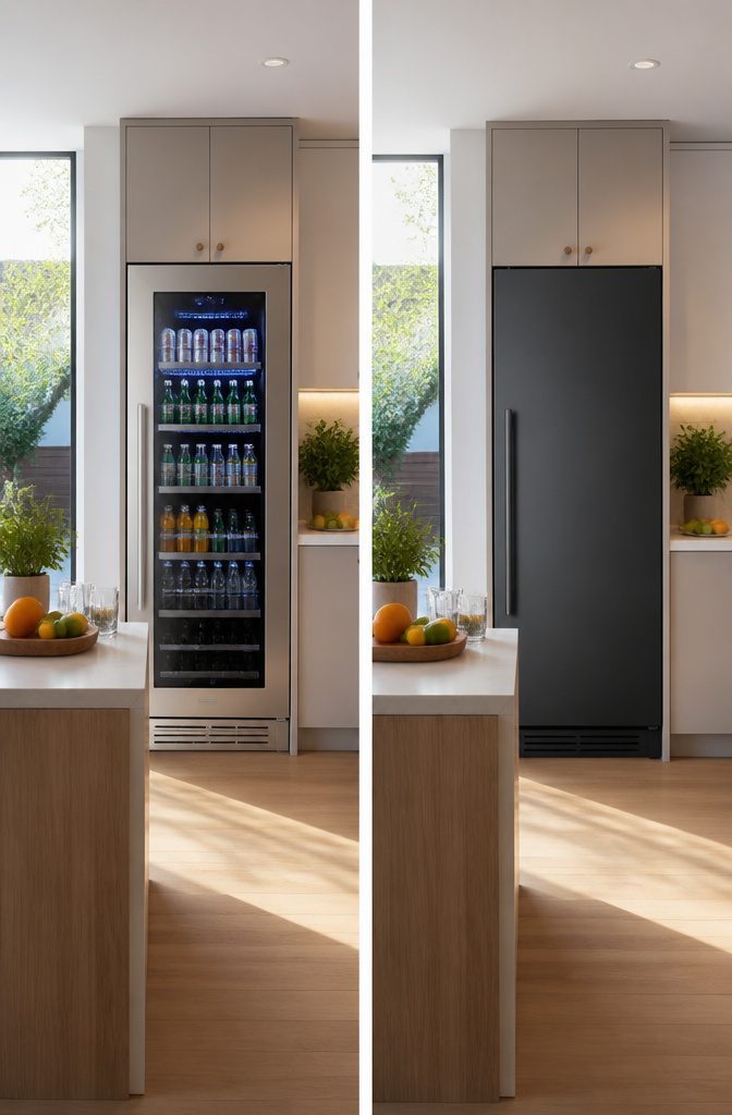 Beverage cooler with glass doors and LED lighting for visibility.