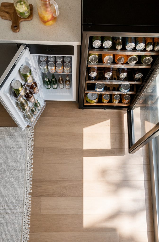 Mini fridge interior showing limited space for bottles and cans.