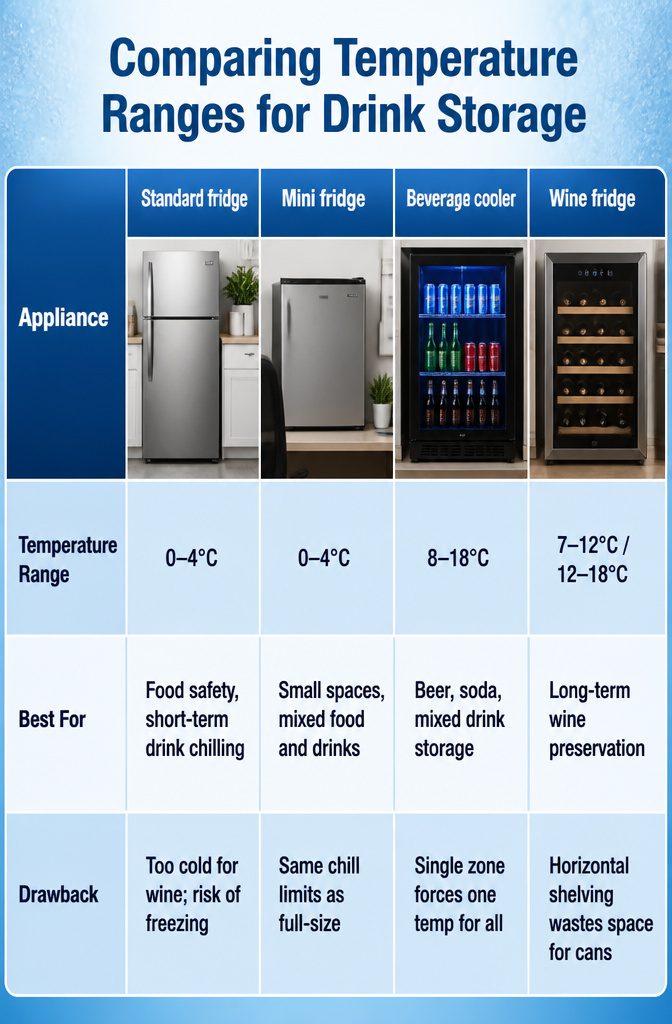 Chart comparing temperature ranges for standard, mini, beverage, and wine fridges.