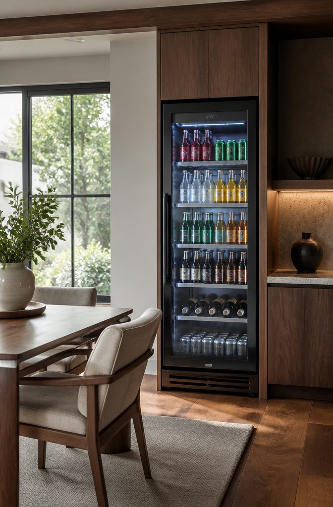 Beverage cooler with glass front showcasing a variety of drinks.