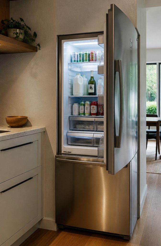 Standard refrigerator with organized shelves containing drinks and food.