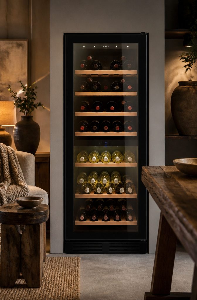 Wine fridge with dual temperature zones and horizontal shelving.