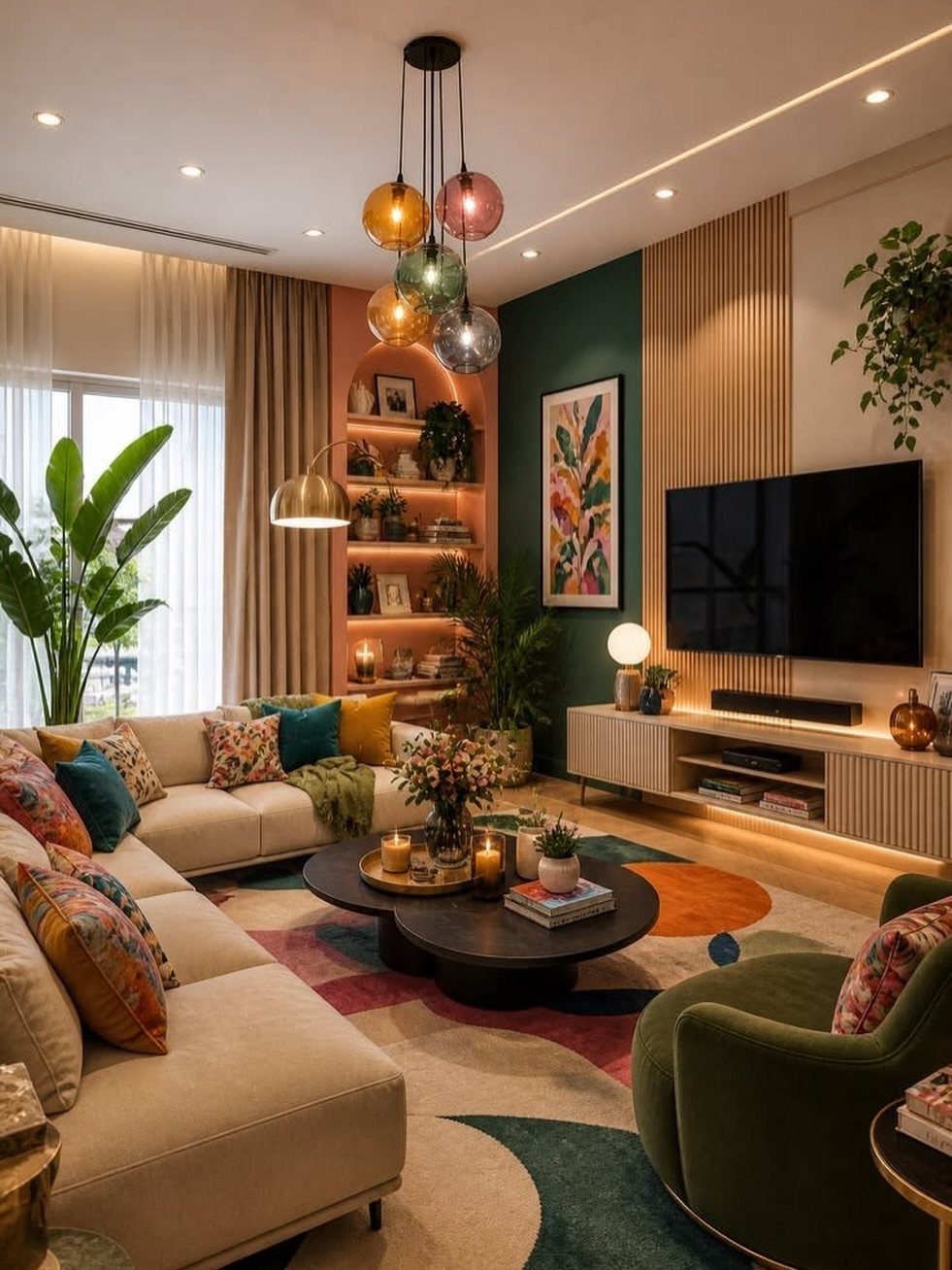 Modern living room with cream sofas, colorful patterned pillows, and a large multi-colored rug.
