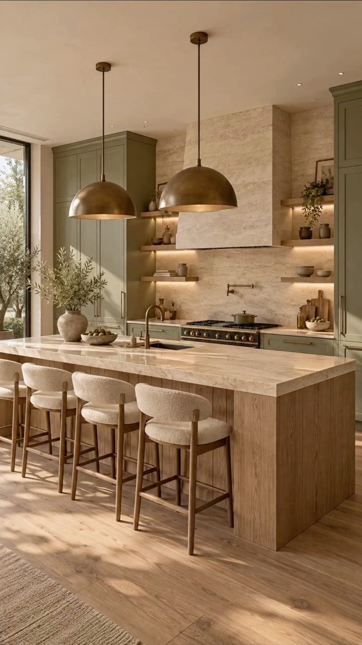Modern kitchen with stone island, sage green cabinets, and bronze pendant lights in warm tones.