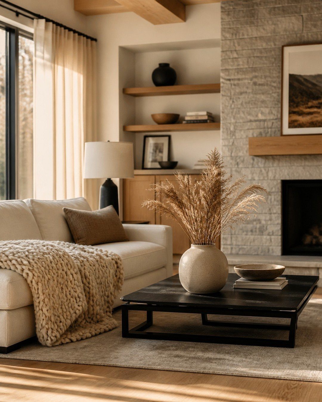 Modern living room with cream sofa, stone fireplace, and large windows overlooking nature.