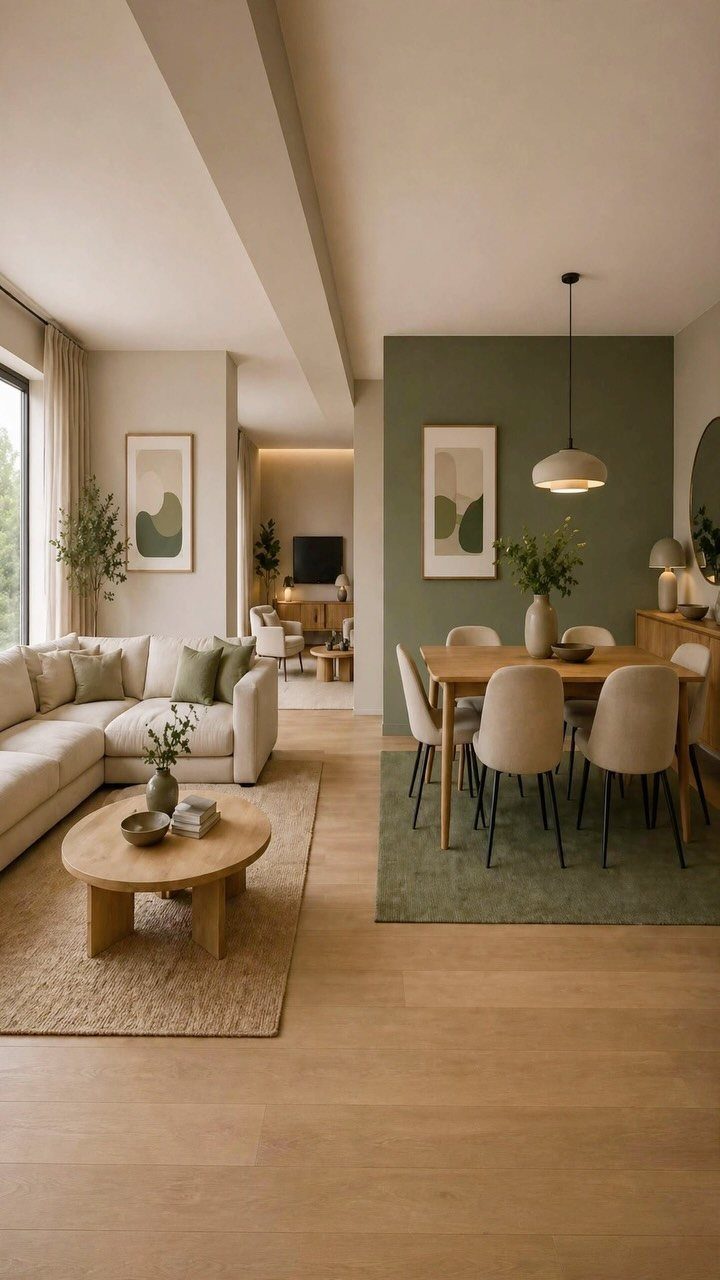 Cream sofa and wooden furniture in a living room with sage green walls.