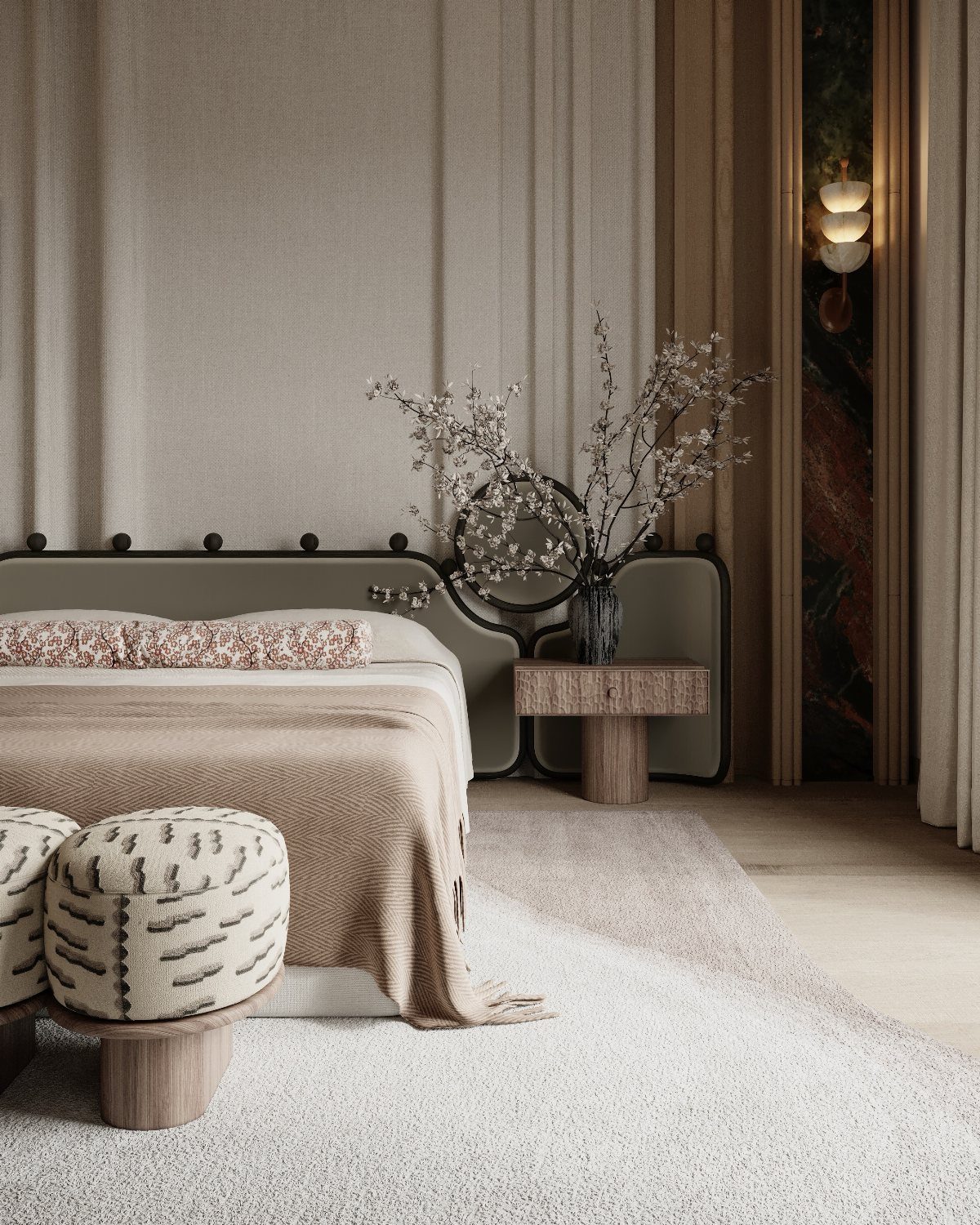 Textured beige bedding and patterned stools in a neutral, earth-toned bedroom setting.