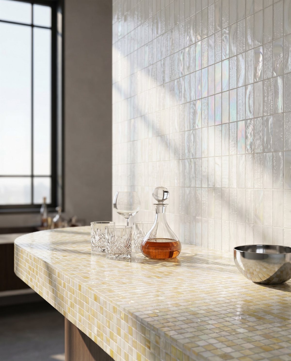Sunlight streams across a mosaic tile countertop and backsplash with crystal glassware and a decanter.