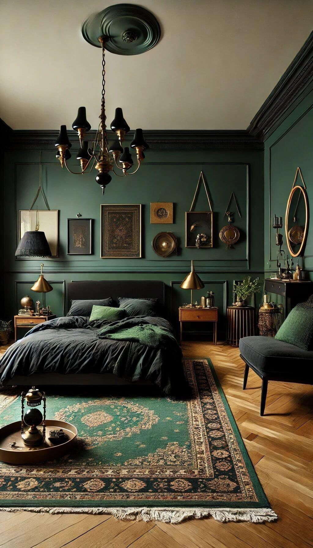 Dark green bedroom with black bedding, gold lighting, and a large patterned green area rug.