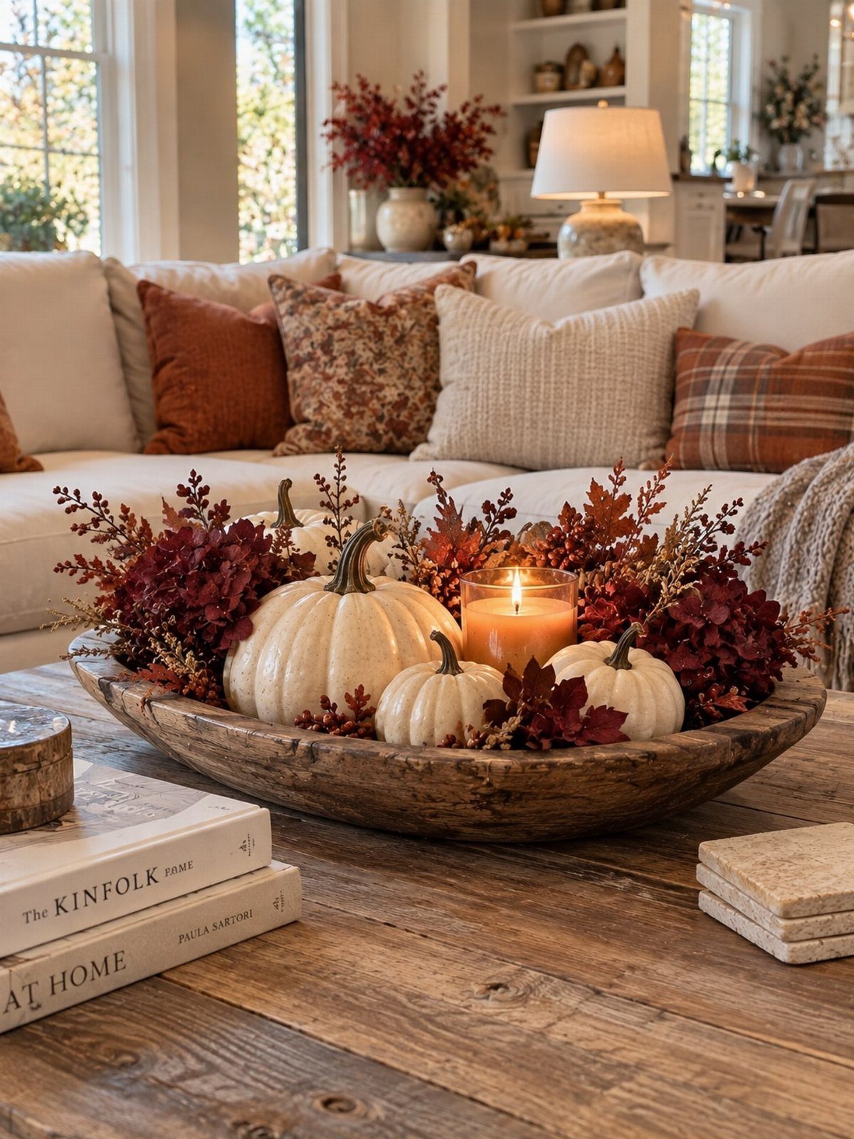 White pumpkins and red autumn leaves arranged in a wooden bowl on a rustic table.