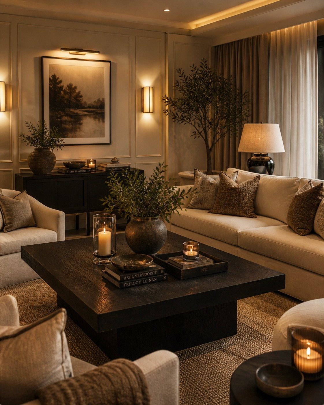 A luxurious living room with cream sofas, dark wood tables, and warm ambient lighting.