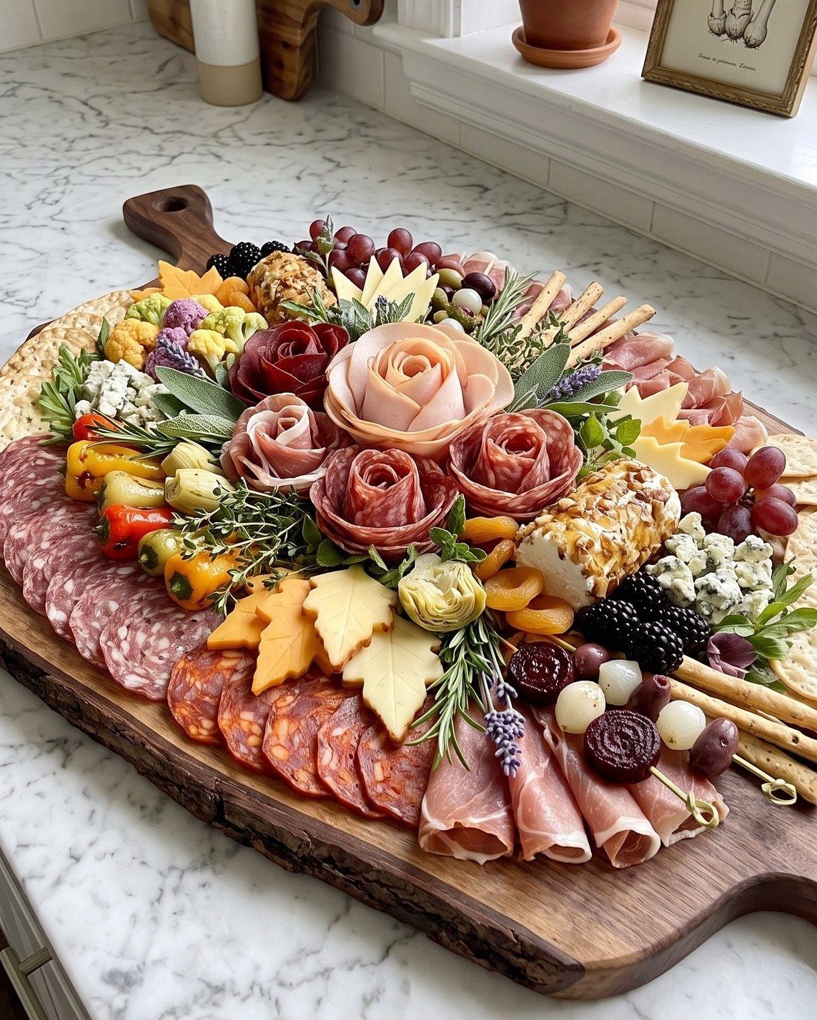 A large wooden charcuterie board featuring meat roses, assorted cheeses, grapes, and crackers on marble.