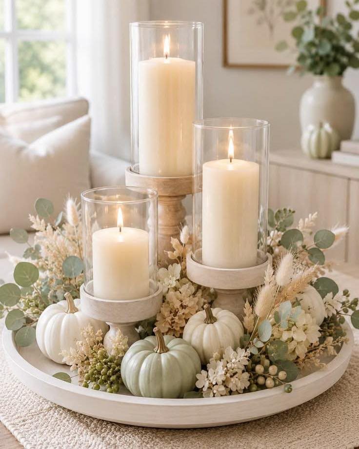 Three lit pillar candles in glass cylinders on wooden pedestals surrounded by mini pumpkins and greenery.
