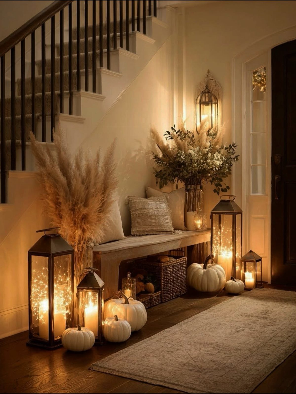 Black lanterns with glowing candles and white pumpkins arranged on a floor near a staircase.
