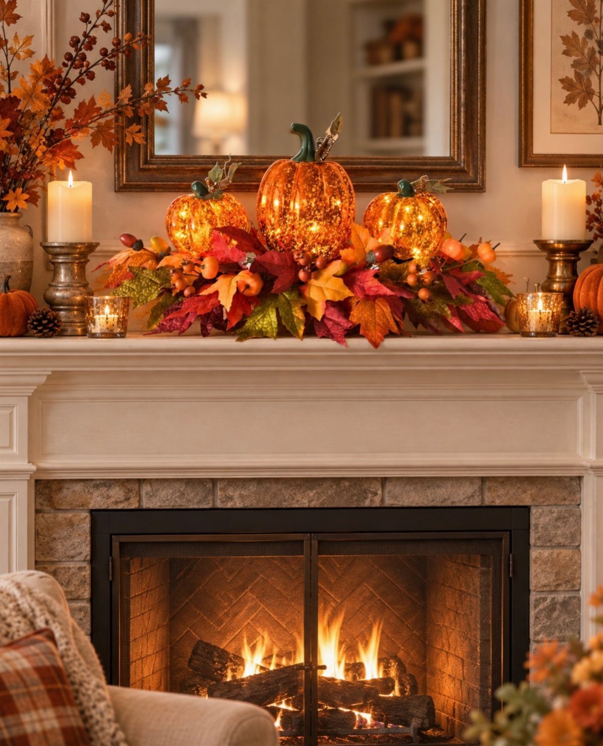 Glowing orange pumpkins and colorful autumn leaves layered with acorns on a fireplace mantel.