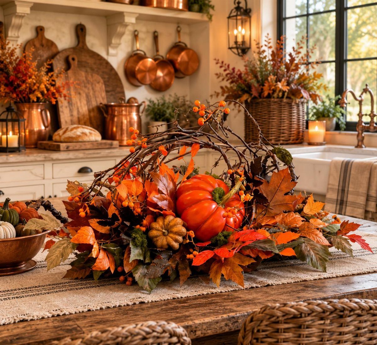 An autumn centerpiece with pumpkins and colorful leaves resting on a burlap table runner.
