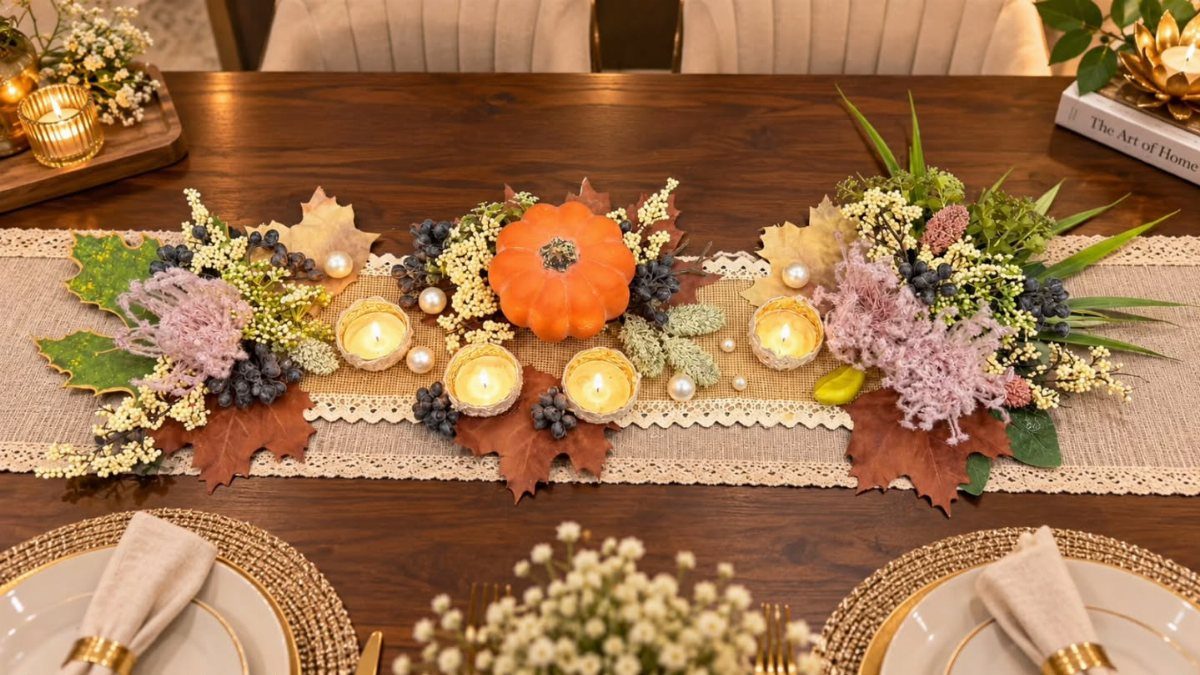 A decorative fall table runner with an orange pumpkin, lit candles, grapes, and autumn leaves.