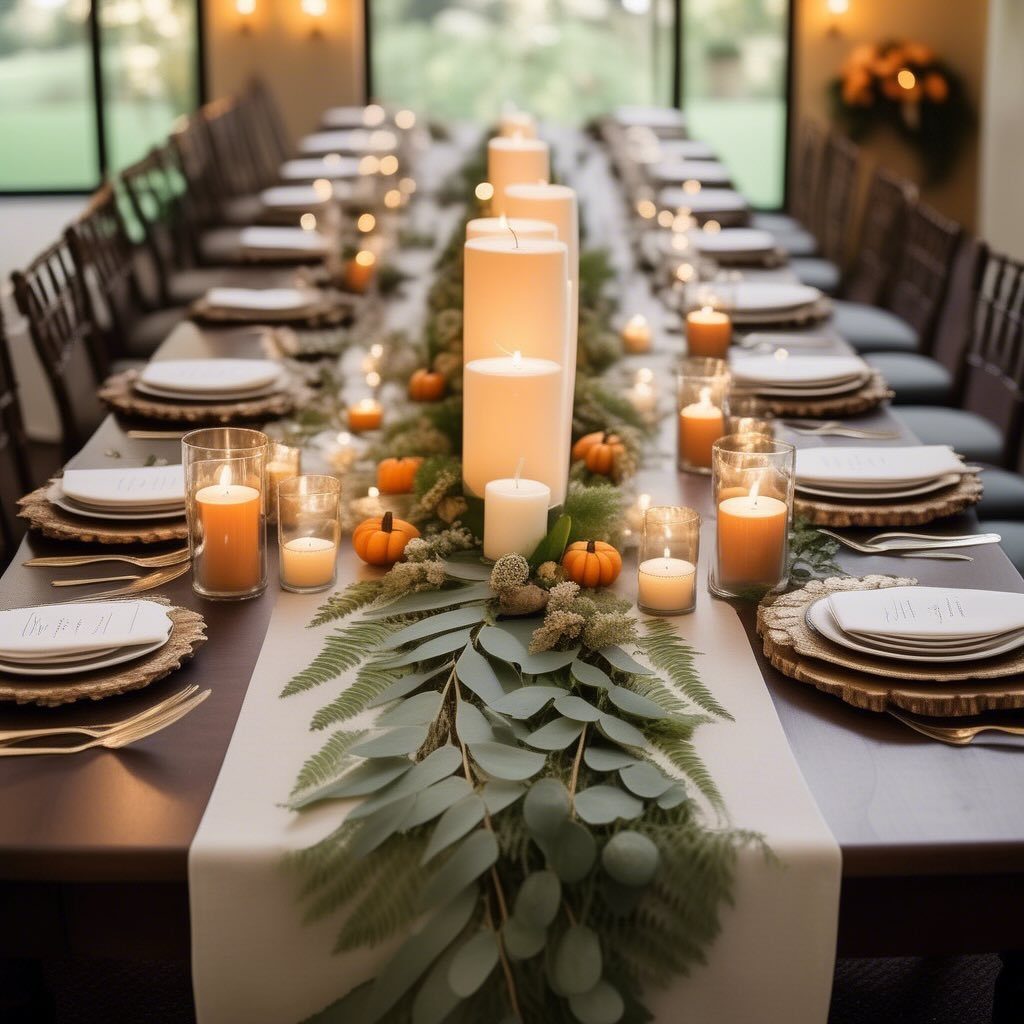A long dining table decorated with eucalyptus greenery, small pumpkins, and white pillar candles.