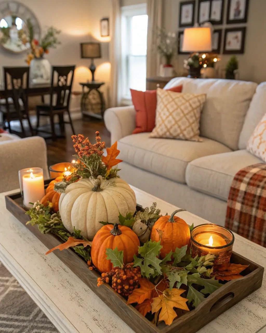A wooden tray filled with white and orange pumpkins, autumn leaves, and glowing candles on a coffee table.