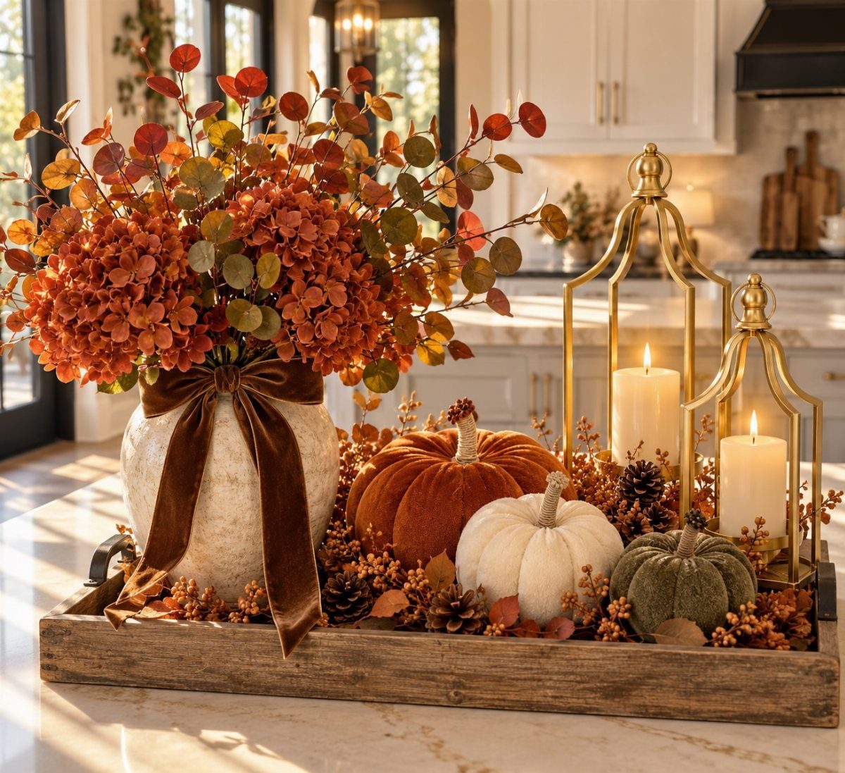 Velvet pumpkins, lit gold lanterns, and dried orange flowers arranged on a wooden tray.