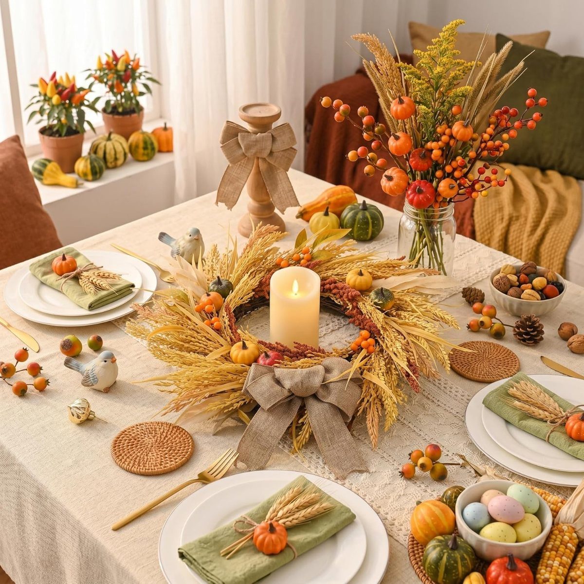 A festive fall table setting with a wheat wreath centerpiece, lit candle, and small pumpkins.