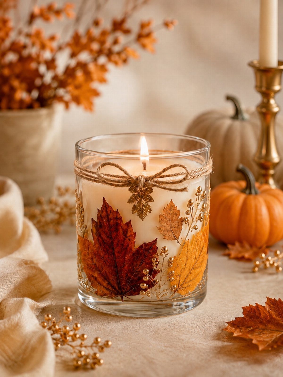 A lit autumn-themed candle decorated with leaves sits among small pumpkins and golden berries.