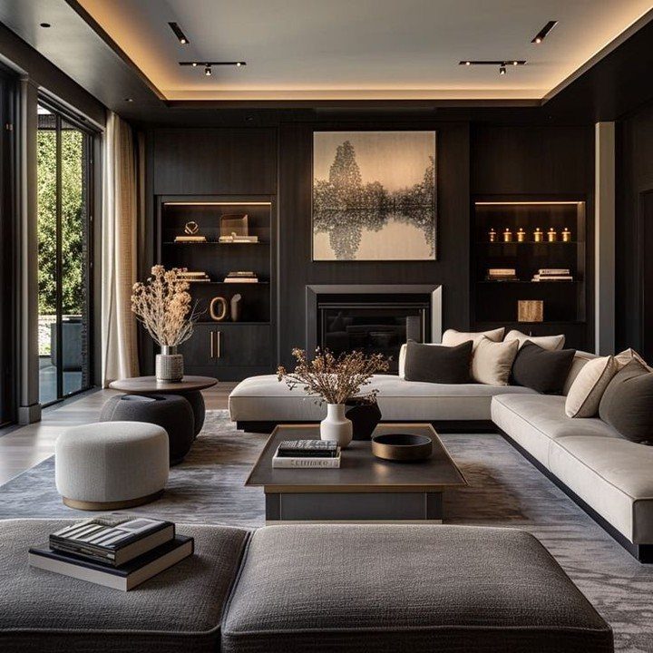 Modern living room with charcoal walls, grey furniture, and elegant gold-toned lighting accents.