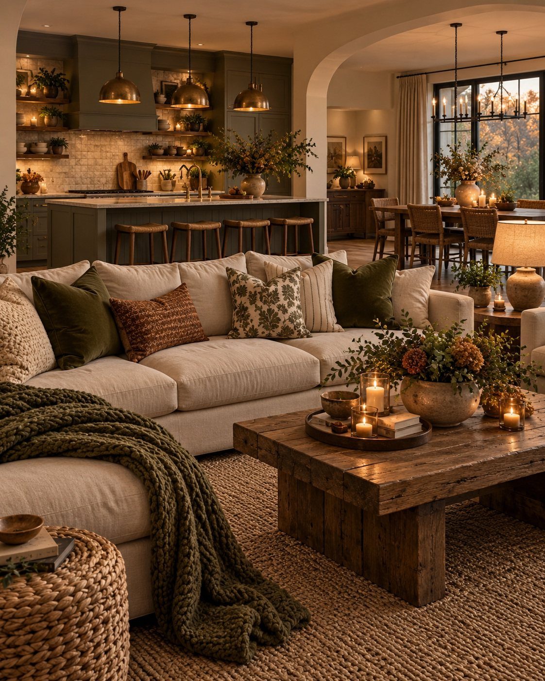 Cream sofa with olive pillows and a wooden coffee table in a cozy living room.