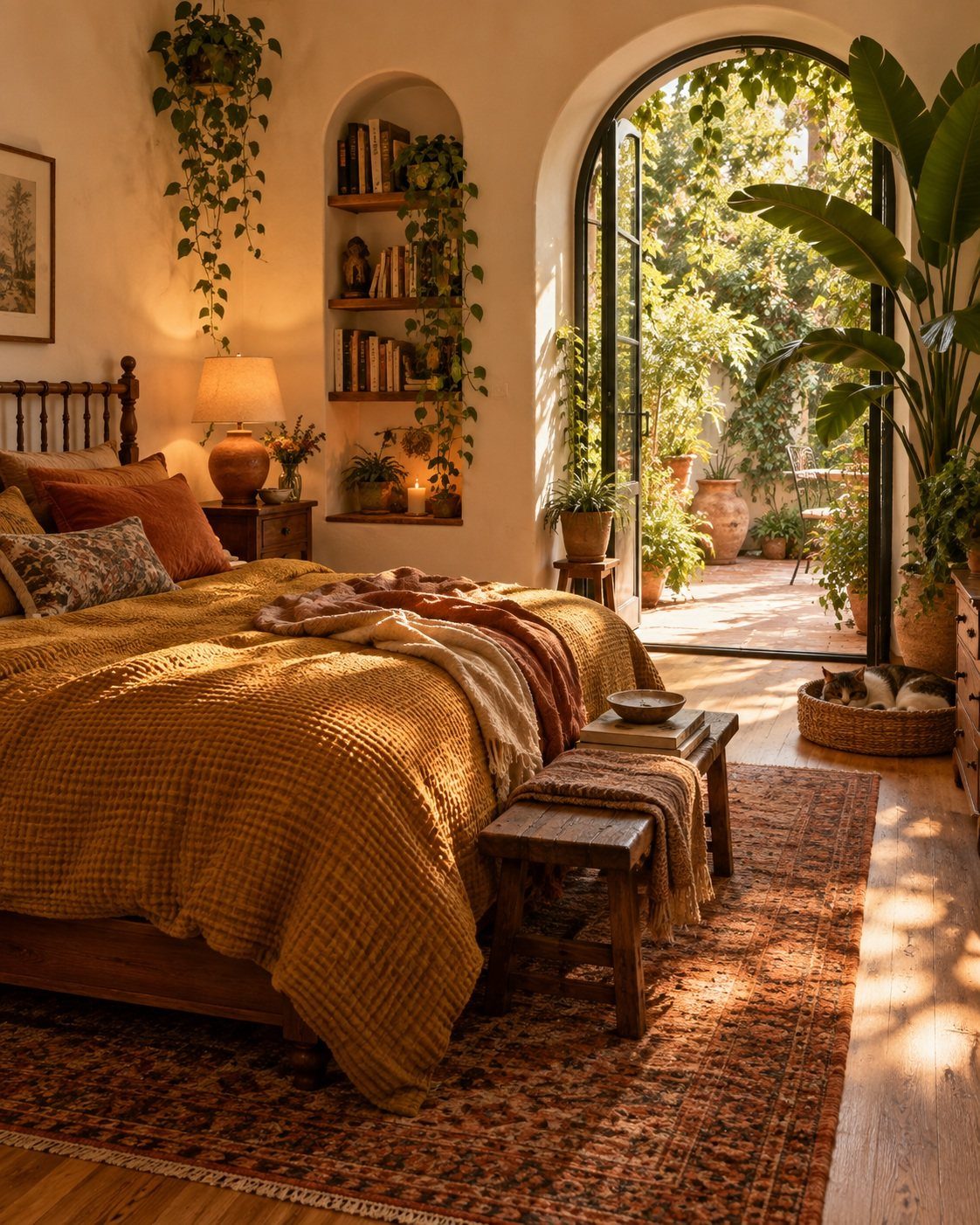 Golden ochre bedding in a sunlit bedroom opening onto a lush, green patio.