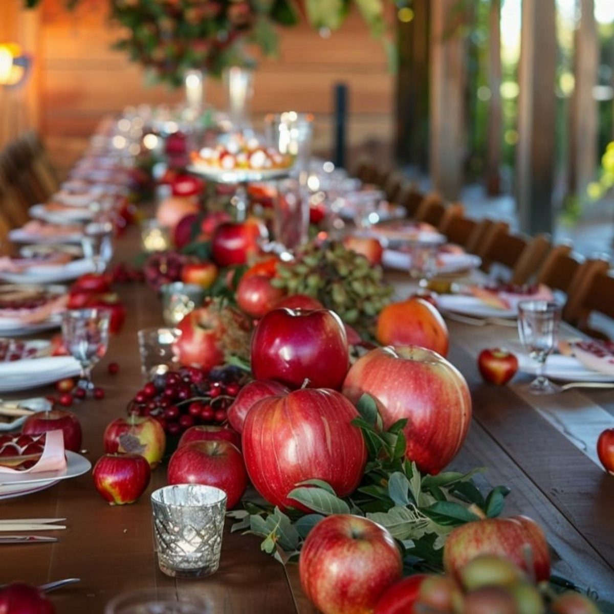Red apples and seasonal fruits arranged as a centerpiece on a long wooden dining table.