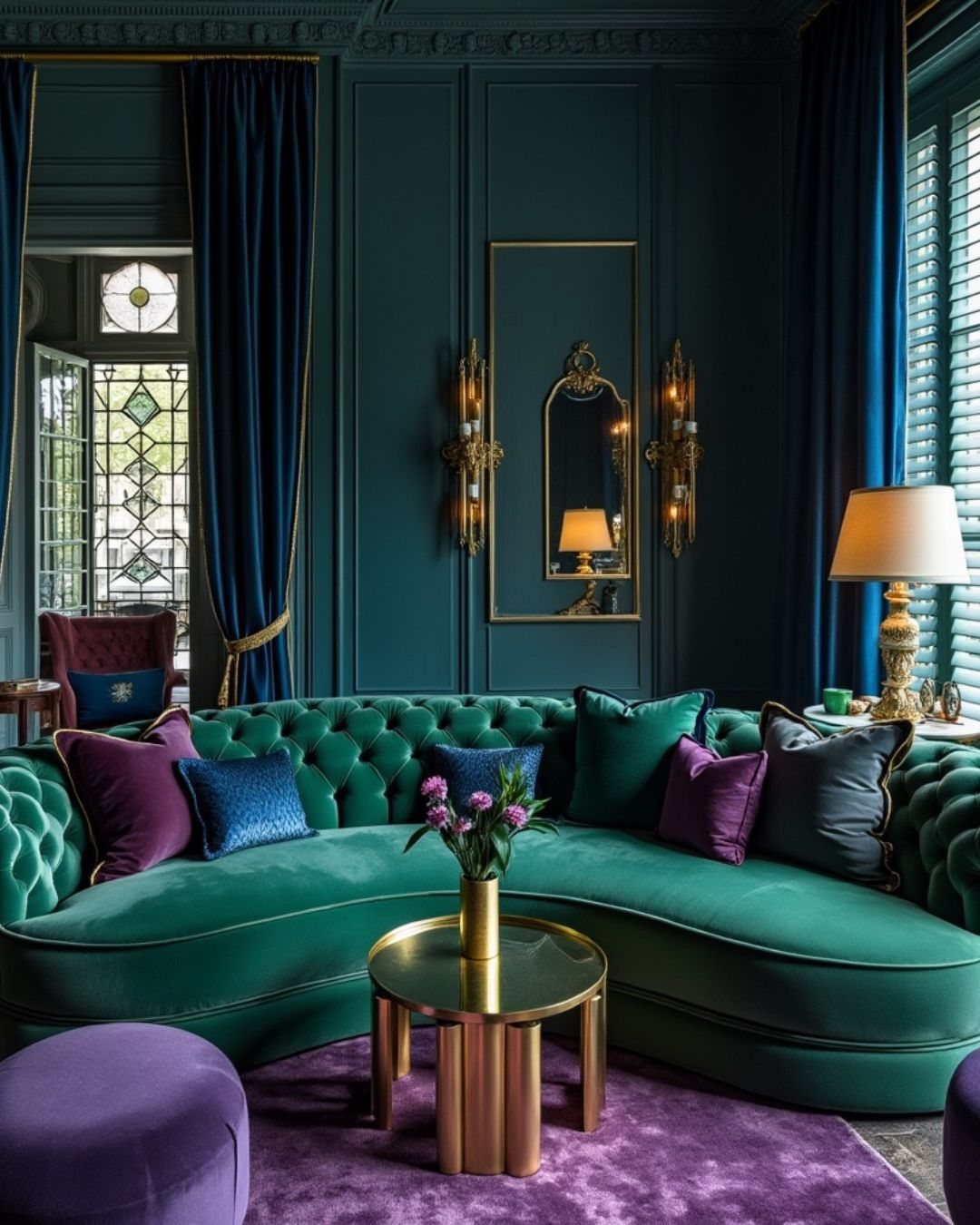 Emerald green velvet sofa with purple pillows in a luxurious teal and gold living room.