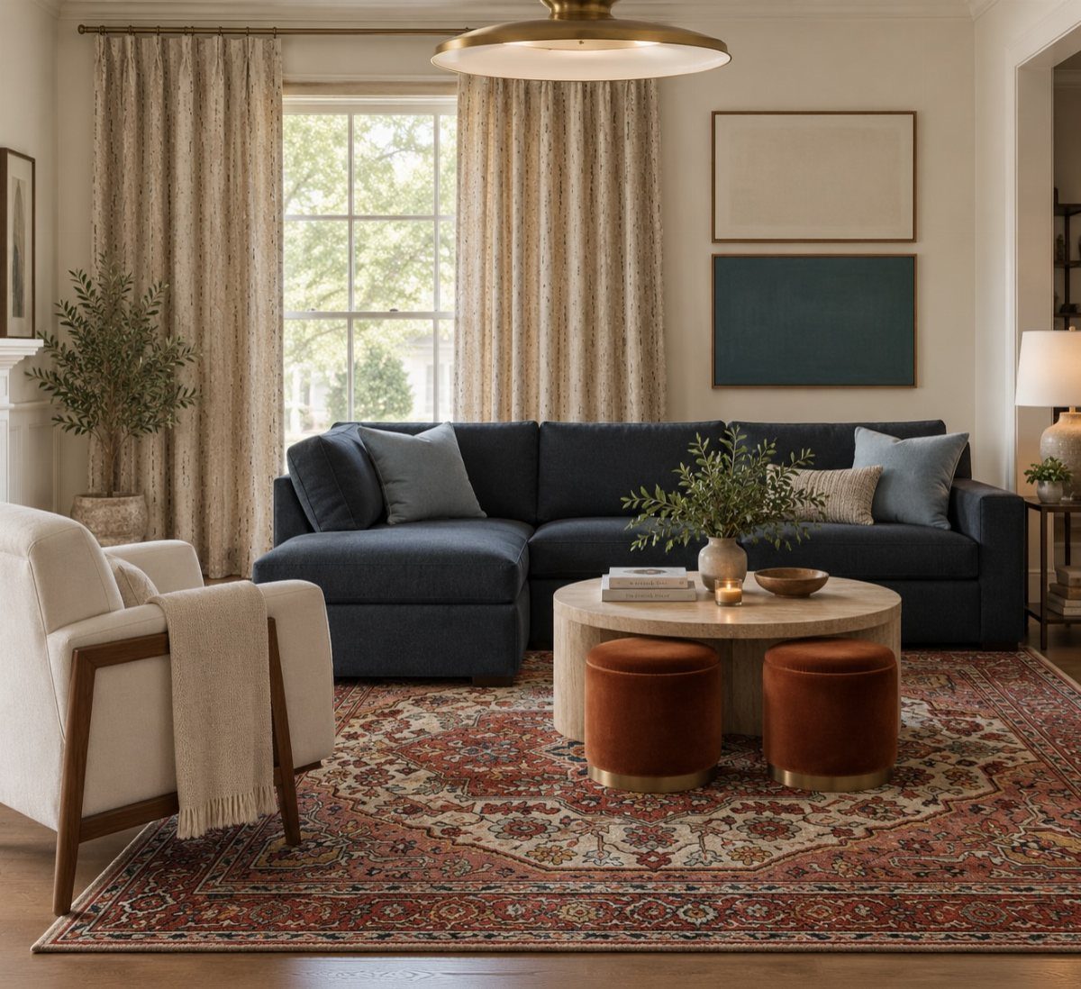 Navy blue sectional sofa with rust velvet ottomans on a patterned rug in a living room.