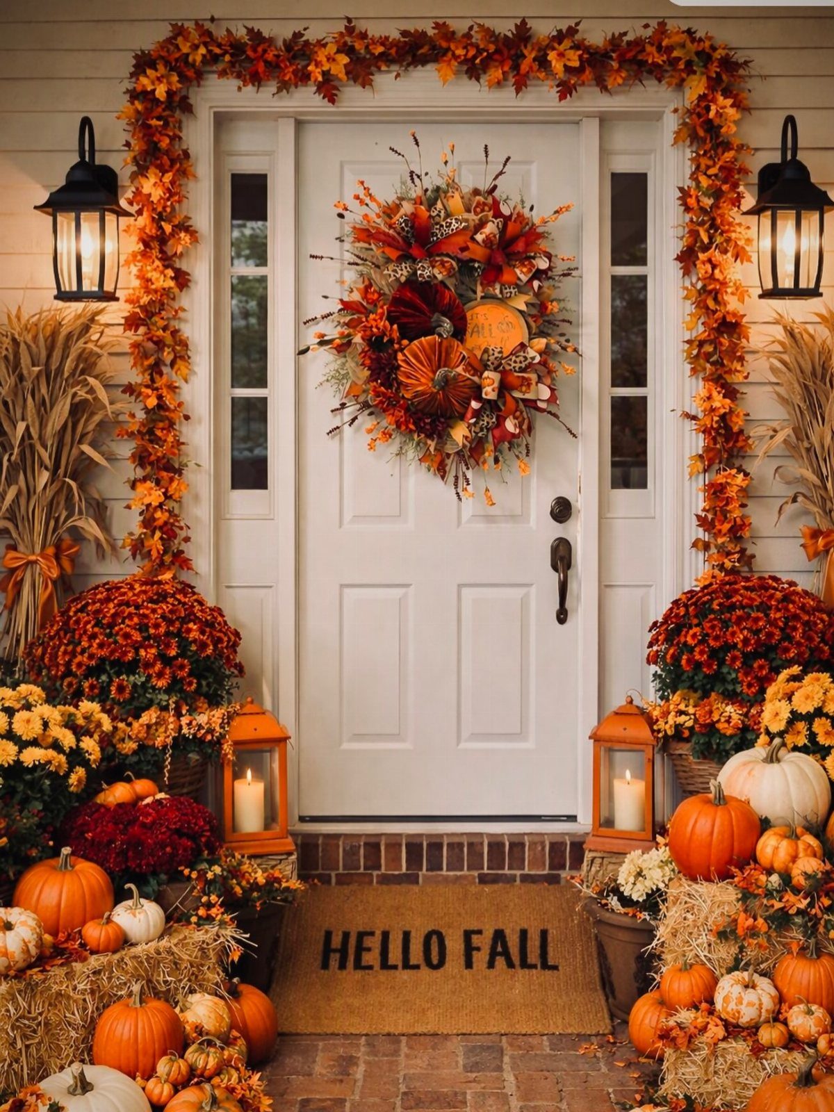 Decorated white front door with autumn wreaths, pumpkins, corn stalks, and orange flowers.