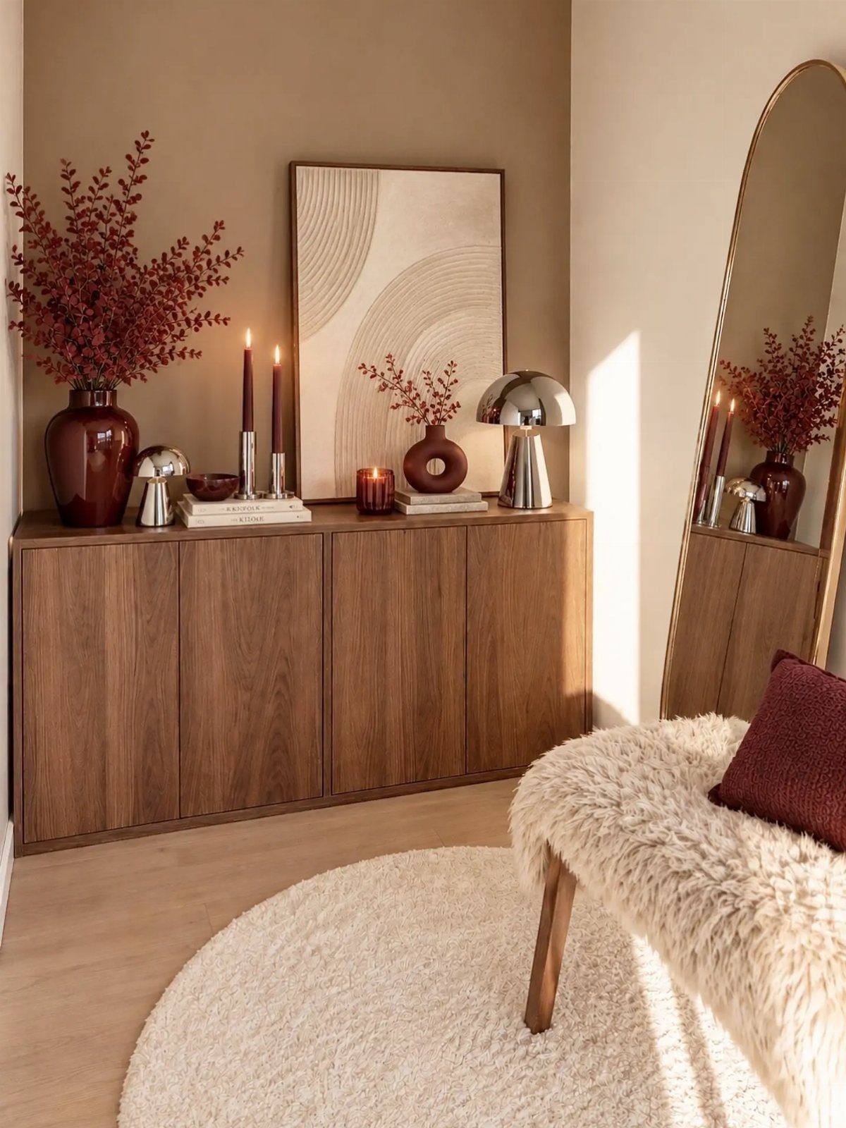 Burgundy vases and candles arranged on a wooden sideboard in a warm interior setting.
