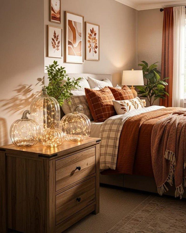 Cozy bedroom decorated with glowing glass pumpkins, plaid bedding, and warm autumn tones.