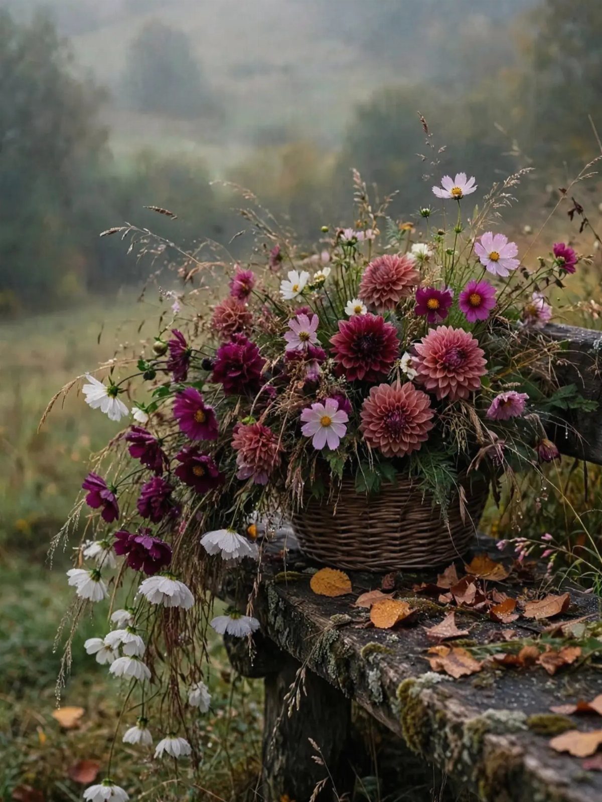 A wicker basket of pink and purple flowers resting on a rustic wooden bench outdoors.