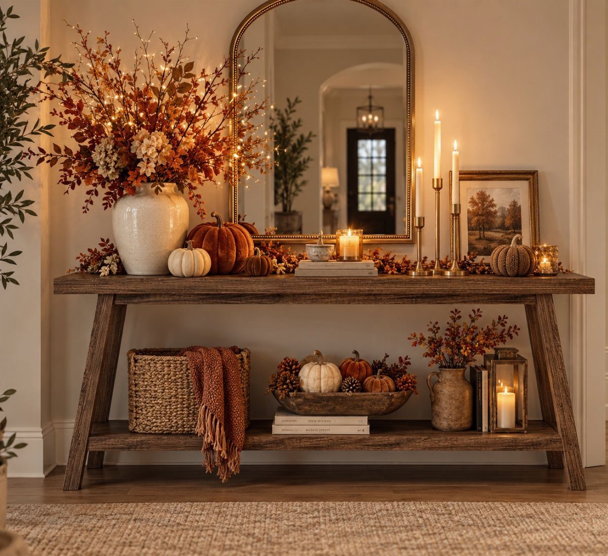 Wooden entryway table decorated with autumn leaves, pumpkins, lit candles, and a mirror.