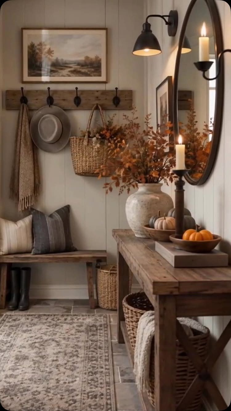Rustic entryway with wooden wall hooks, landscape art, a bench, and a decorated console table.