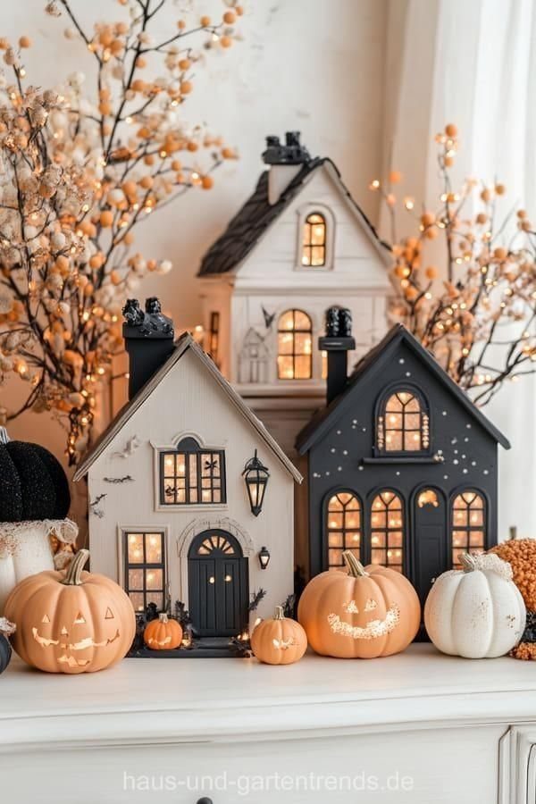 Miniature ceramic houses with glowing windows surrounded by small pumpkins and autumn berry branches.