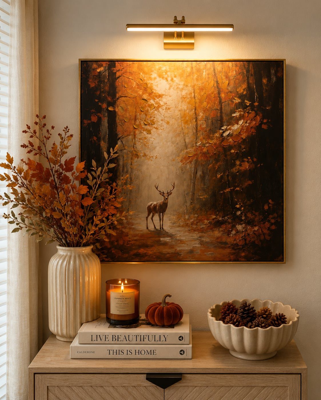 A framed autumnal forest painting with a deer hangs above a decorated wooden console table.