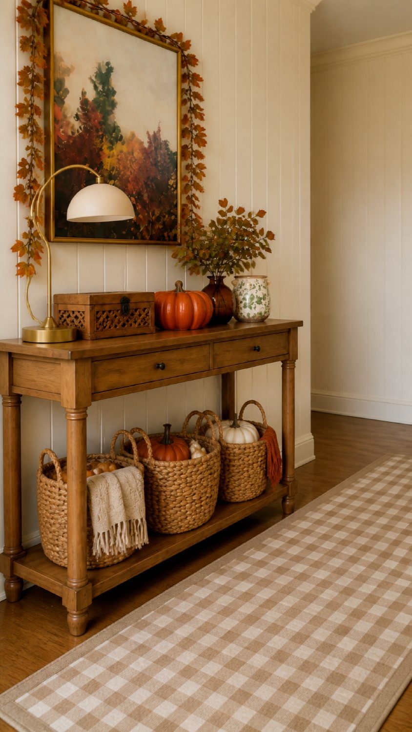 Woven baskets with ear handles holding pumpkins and a blanket on a wooden console table.