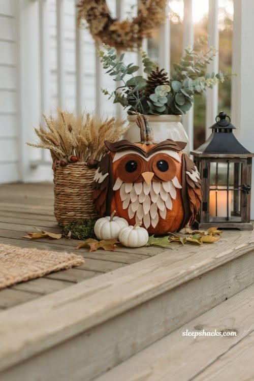 An owl-shaped pumpkin sits on a wooden porch with small white pumpkins and a lantern.