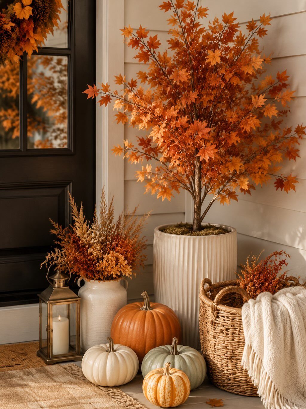 Autumn porch decor with an orange maple tree, various pumpkins, a lantern, and a wicker basket.