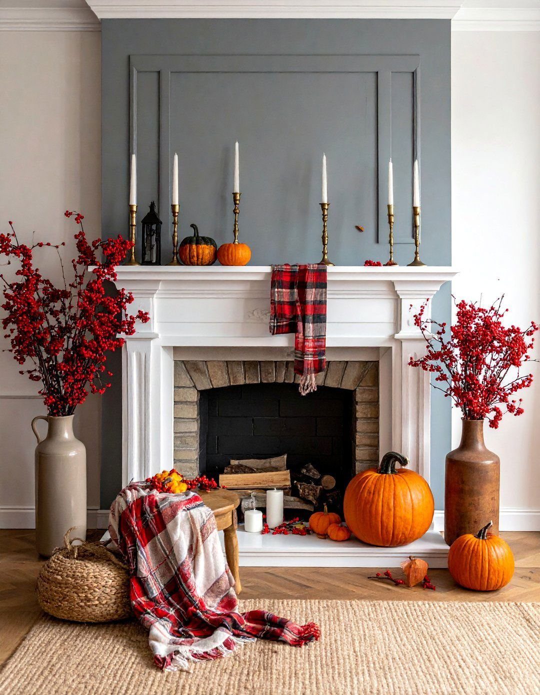 Red berry branches in vases flanking a white fireplace mantel decorated with pumpkins and candles.